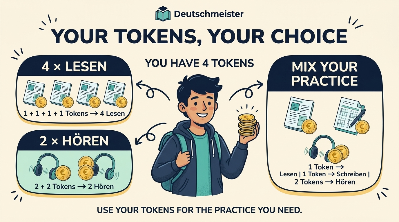 Example showing different ways to use 4 Deutschmeister Tokens: four Lesen practices, two Hören practices, or a combination of Lesen, Schreiben and Hören.