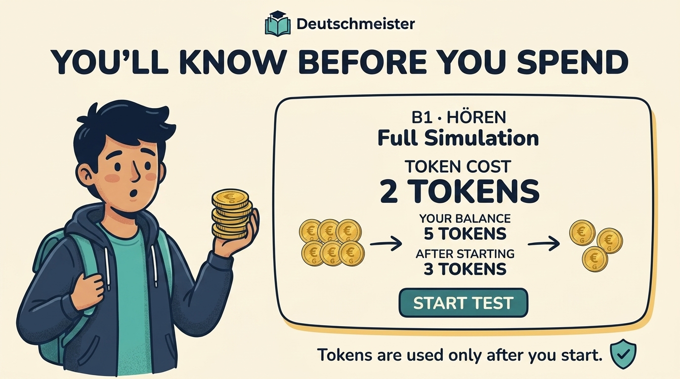 Example of a B1 Hören test costing 2 Tokens. A balance of 5 Tokens becomes 3 Tokens after starting the test.