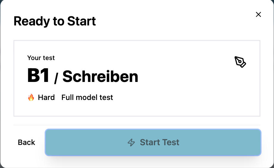 Deutschmeister Goethe exam simulation setup showing selected level, module, difficulty and Start Test button