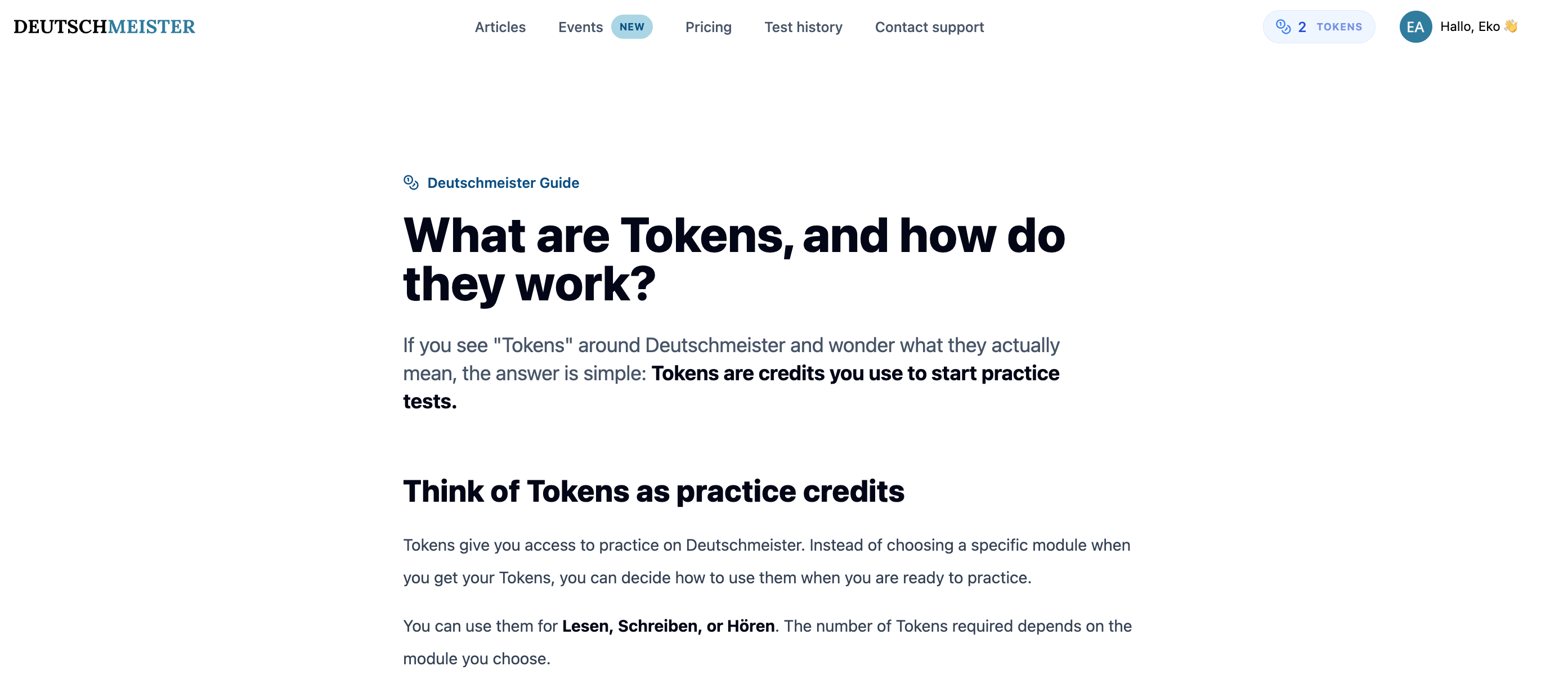 Deutschmeister Learn Token and payment information page explaining token usage and supported payment methods